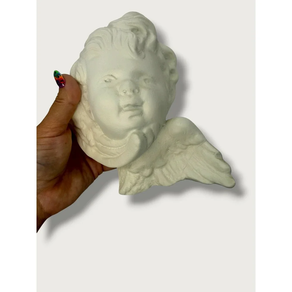 Vintage Chalkware Cherub Wall Plaques Pair Ivory Putti Angel Heads French Decor